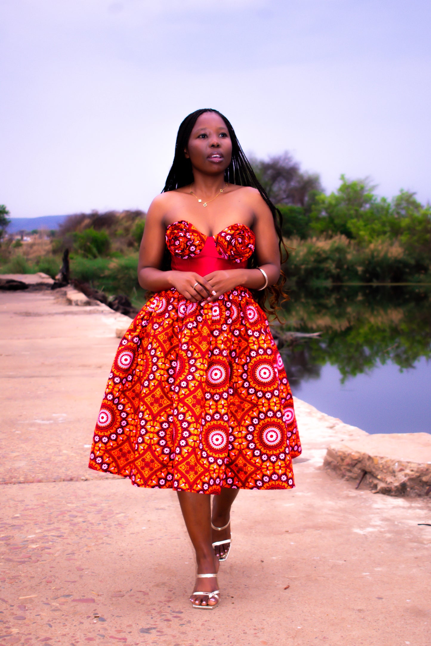 Red traditional floral bridal dress